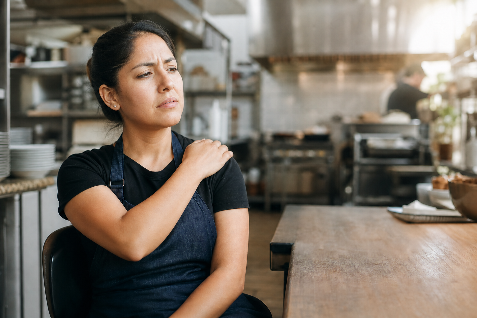 Trabajadora de restaurante con dolor en el hombro