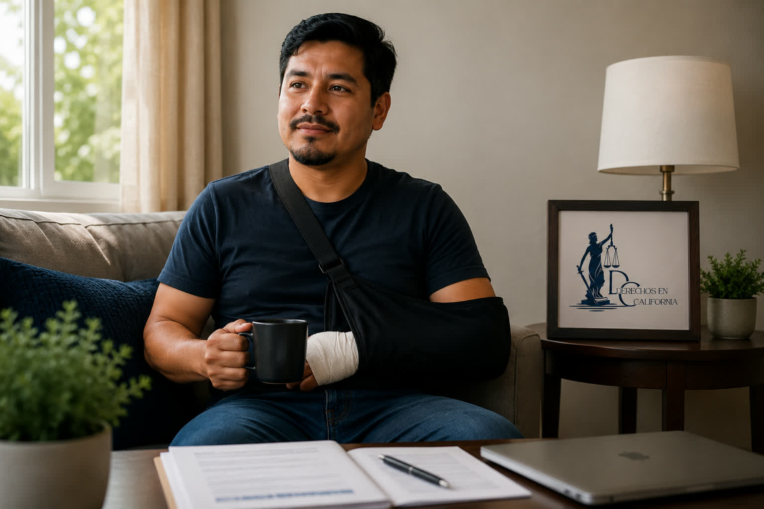 Trabajador en su hogar en California, con el brazo lesionado en cabestrillo