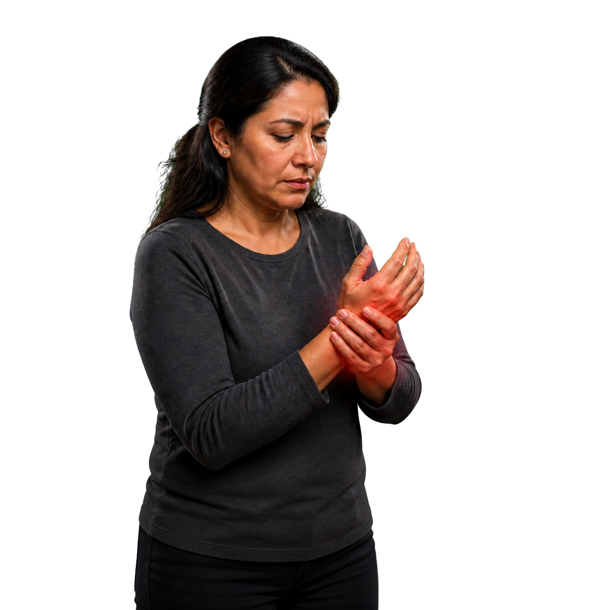 Mujer sujetándose las manos por dolor articular tras meses de trabajo repetitivo