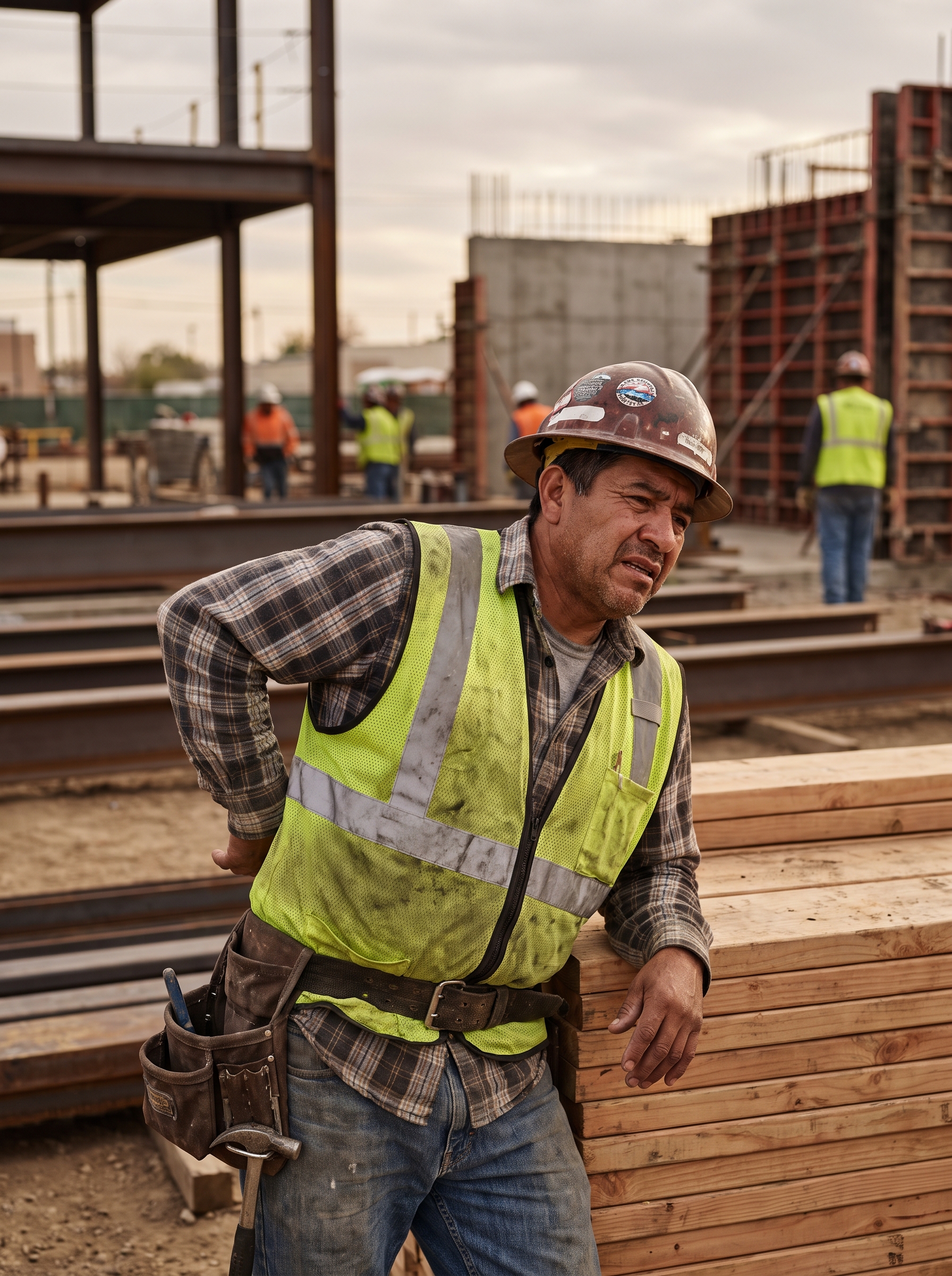 Trabajador de la construcción en California en una obra, junto a material listo para mover